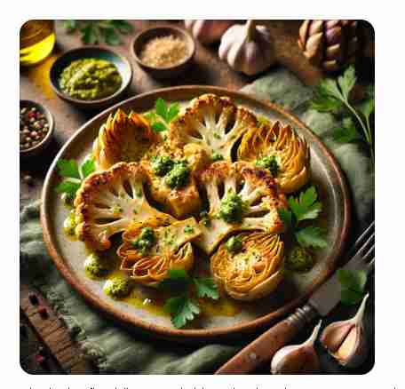 Bloemkoolsteaks met geroosterde aardpeer en kruidenolie
