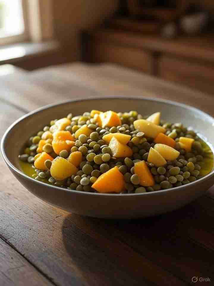 Gebakken Peer met Linzenstoof en Pompoen