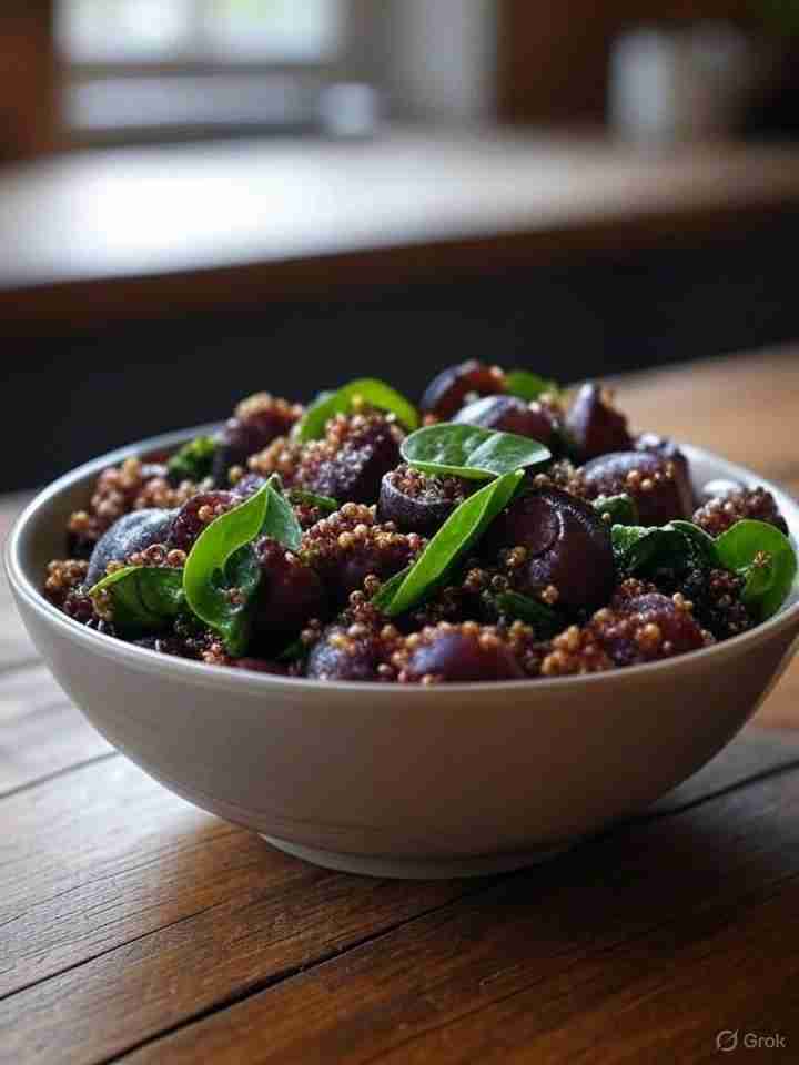 Gebakken pruimen met quinoa en spinazie