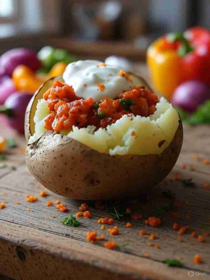 Gepofte Aardappel met Kruidige Groenten en Yoghout