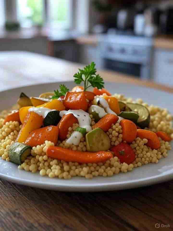 Geroosterde Seizoensgroenten met Couscous en Yoghurtsaus