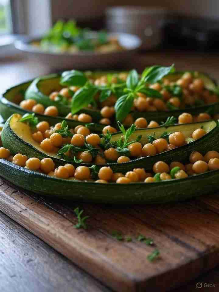 Geroosterde courgette en kikkererwtenschotel met kruiden