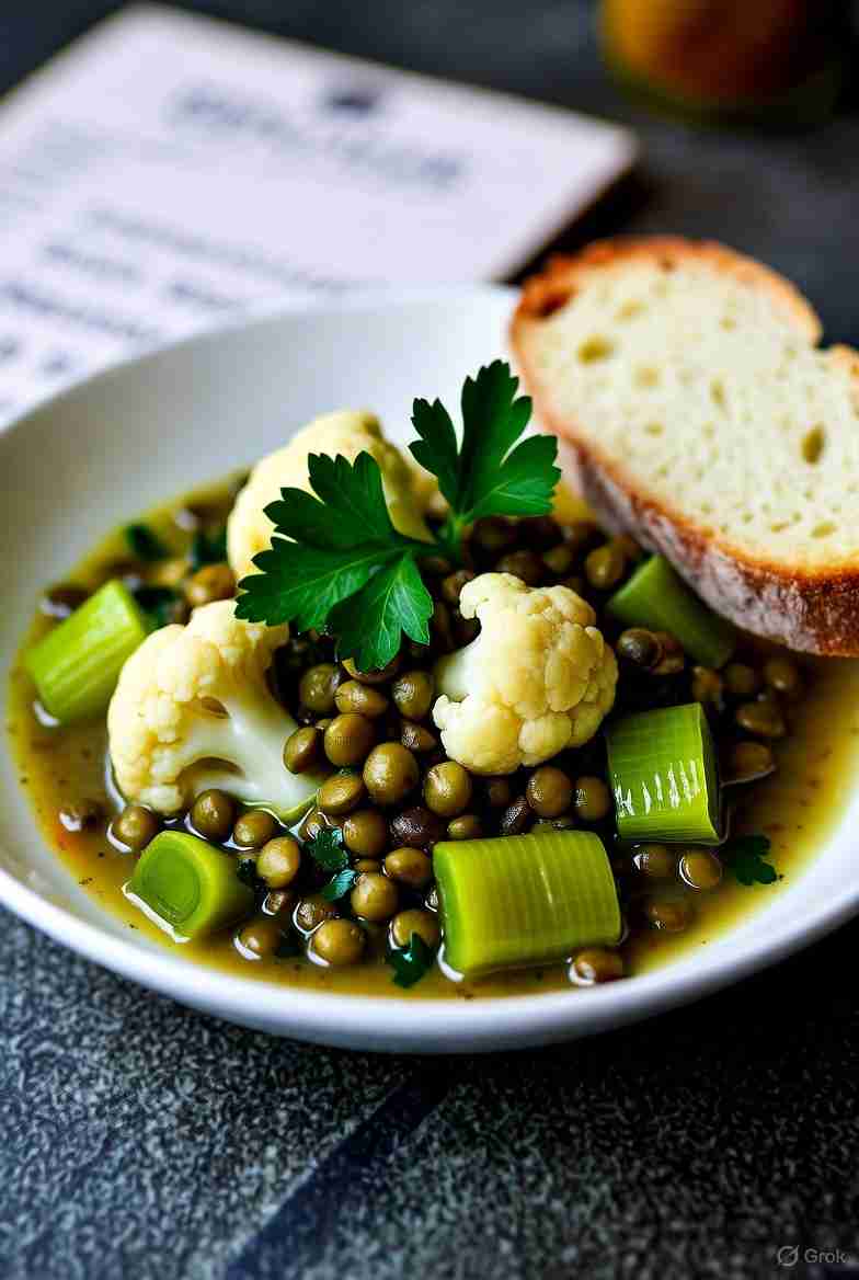 Hartige Vegetarische Herfststoofpot met Bloemkool Prei en Linzen