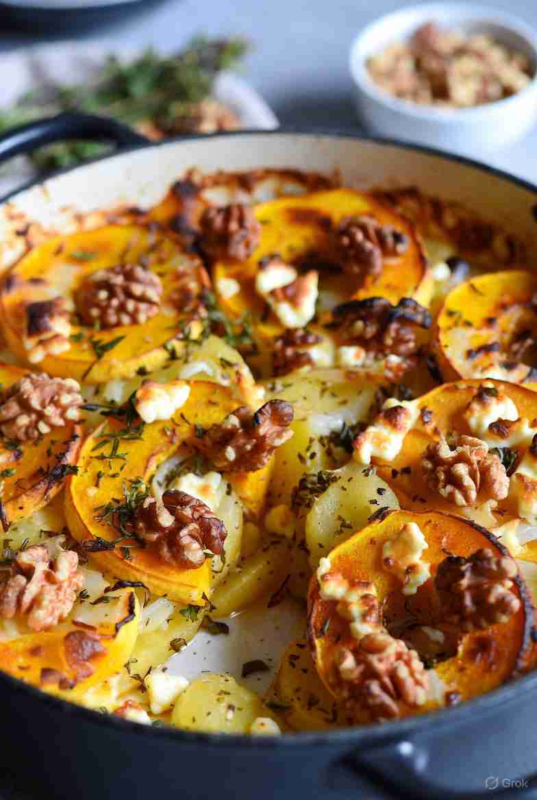 Herfstige Pompoen Gratin met Walnoten en Kaas
