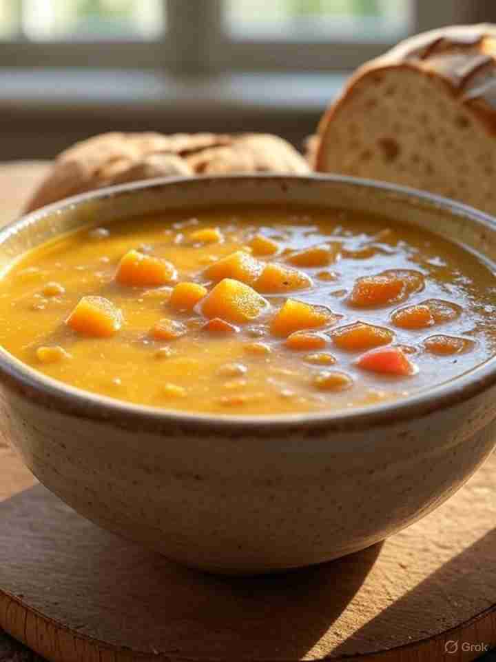 Herfstige pompoen-linzen soep met appel