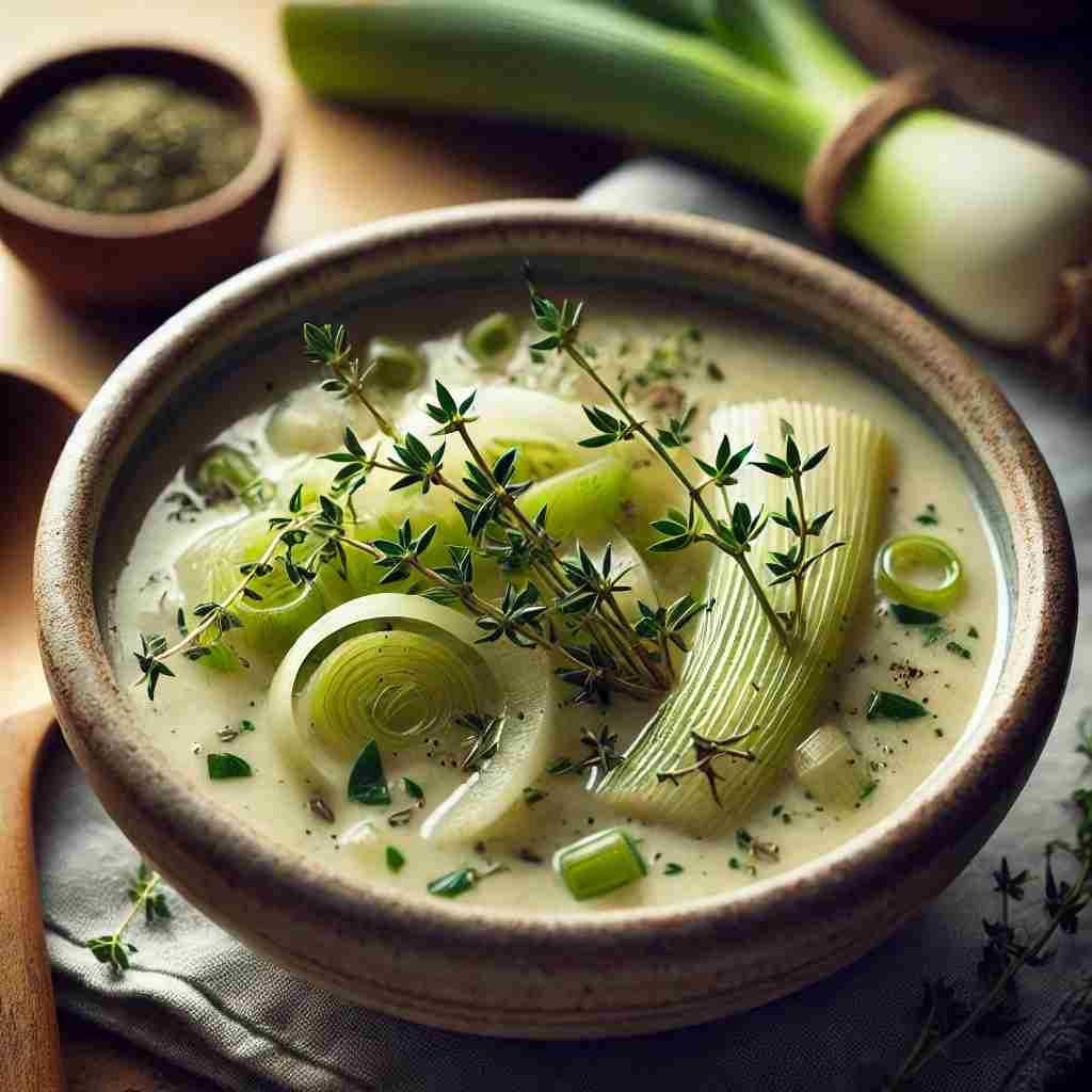 Knolselderijsoep met prei en tijm