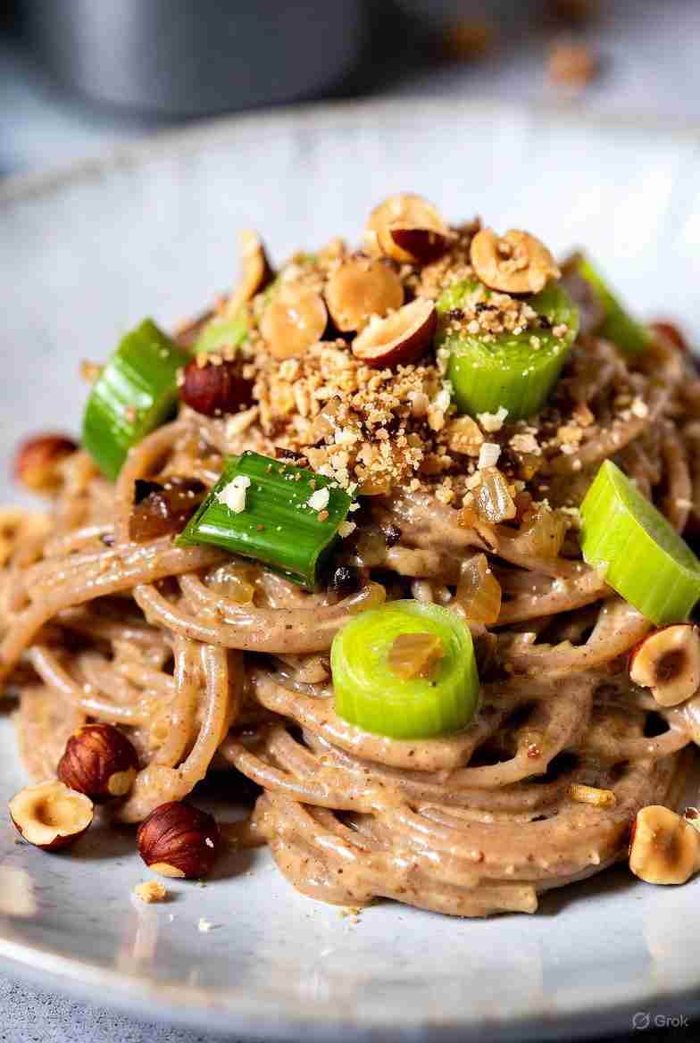 Knusse Winterse Prei Kaaspasta met Geroosterde Hazelnoten