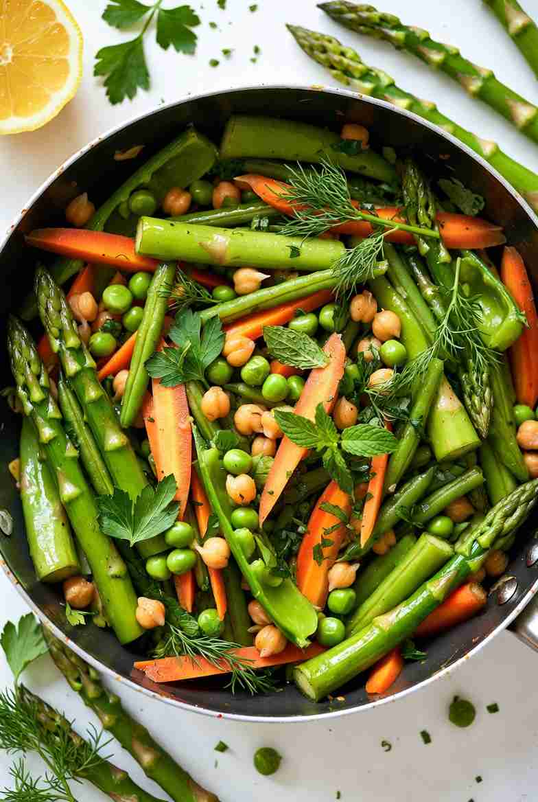 Lente Asperge Bonen Pan met Kikkererwten en Verse Kruiden