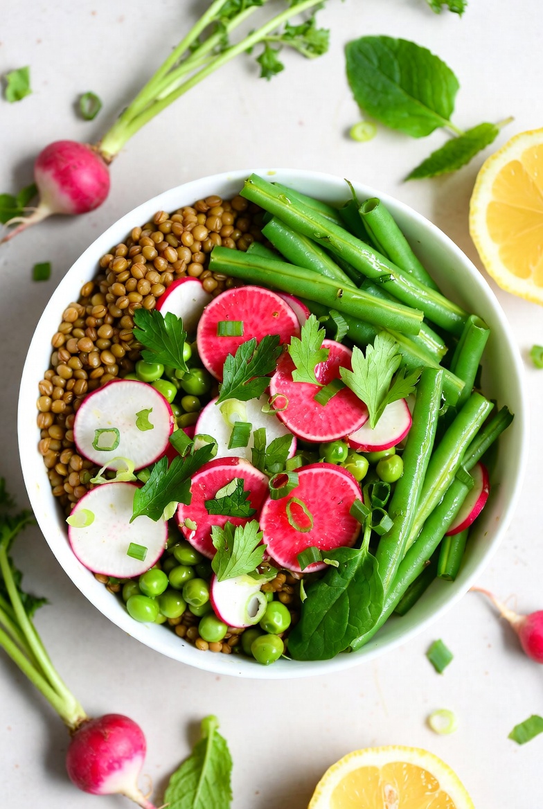 Lente Radijsjes Sperziebonen Bowl met Groene Linzen en Verse Munt
