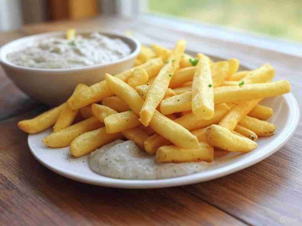 Pastinaakfrietjes met Knolselderijpuree en Lente ui Dip
