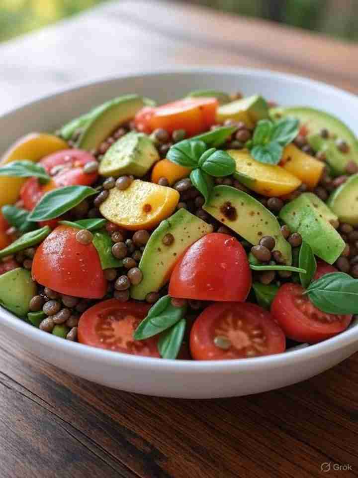  Perzik-Tomaat-Avocado Salade met Basilicum en Linzen