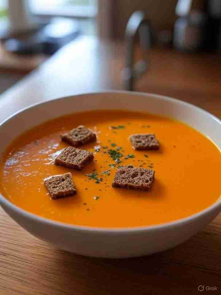 Pittige Wortel Kweepeer Soep met Roggebrood Croutons
