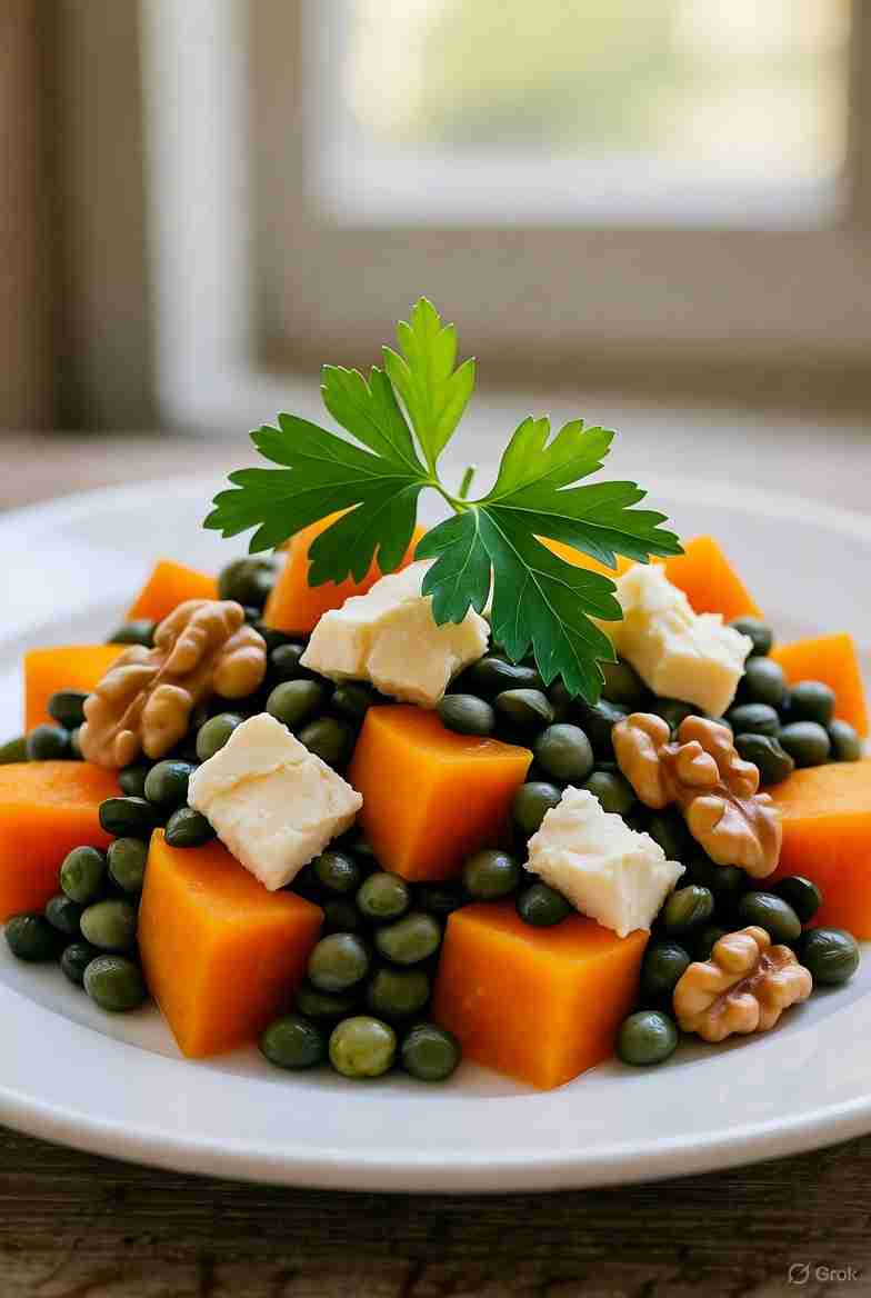 Pompoen linzensalade met walnoten en oude kaas