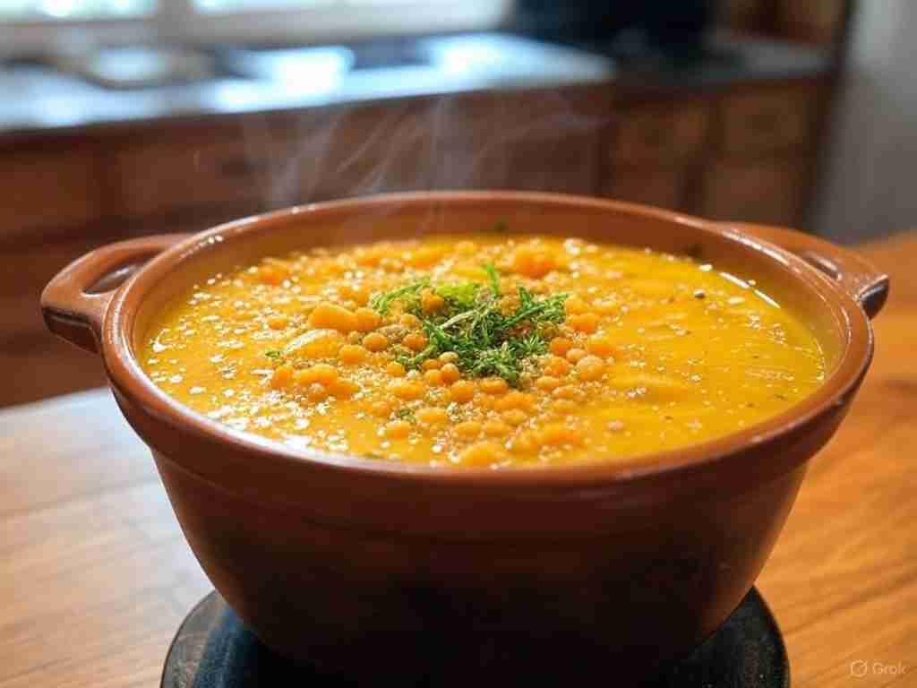 Pompoensoep met linzen en seizoensgroenten