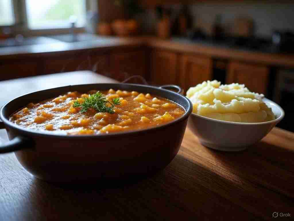Rabarber linzenstoof met aardappelpuree