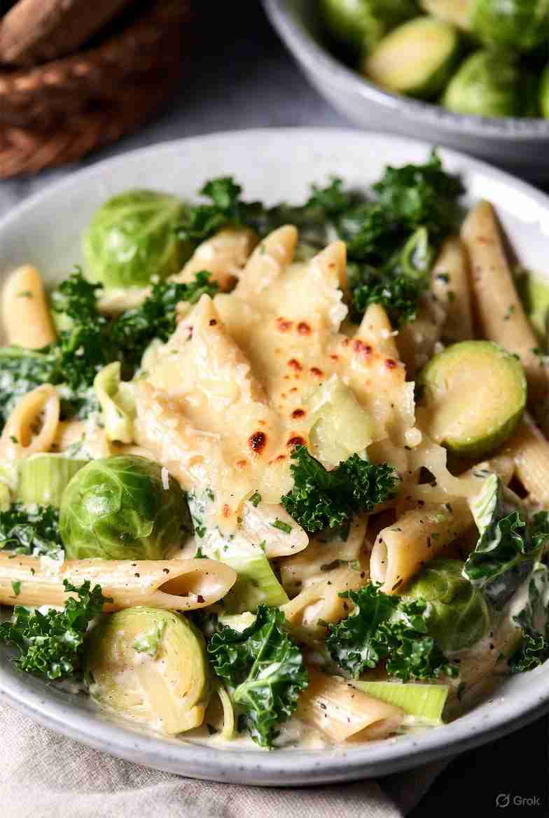 Romige pasta met boerenkool spruitjes prei en oude Goudse kaas winterse vegetarische ovenpasta