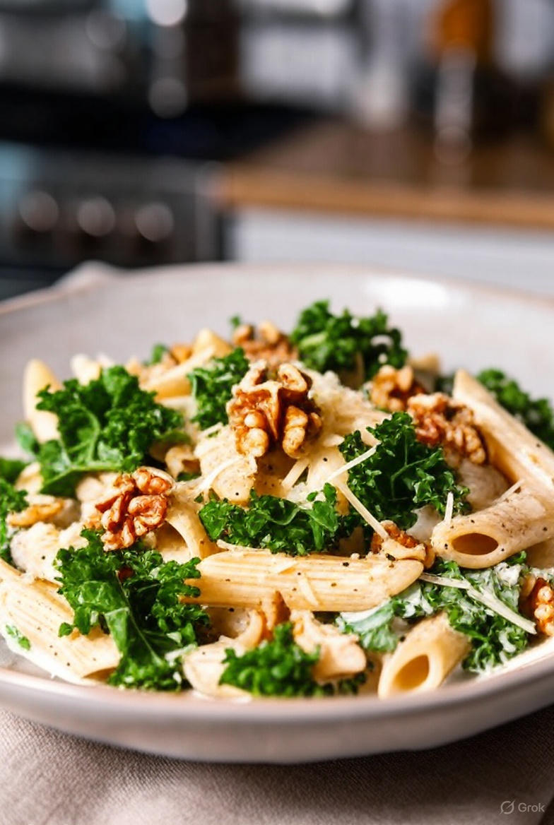 Romige winterpasta met boerenkool walnoten en oude kaas