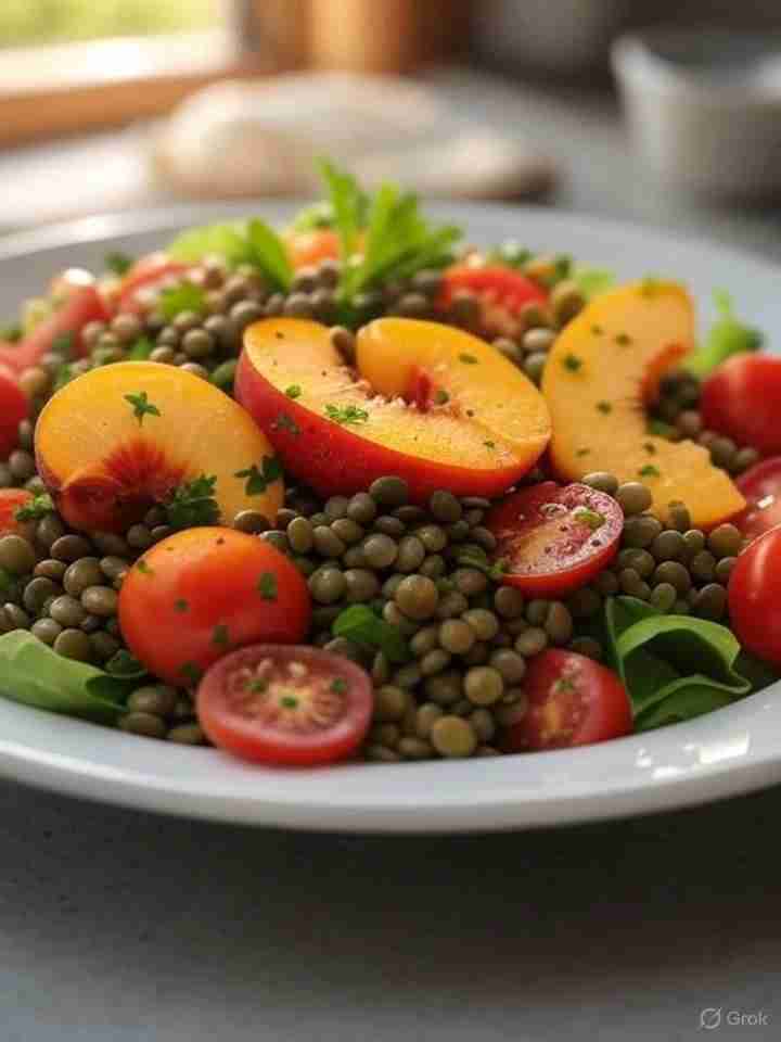 Salade met verse perzik, tomaat en linzen.