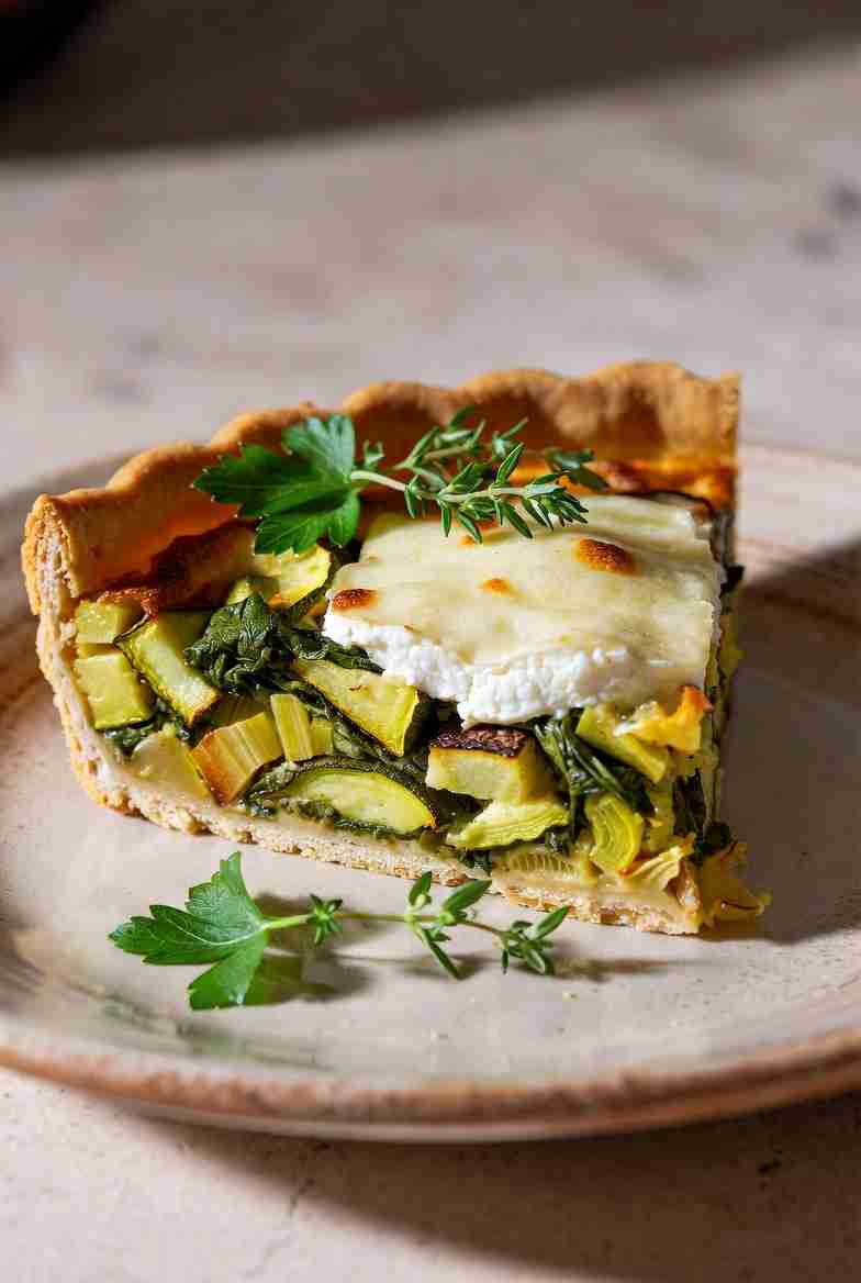 Seizoensgroentequiche met courgette spinazie prei en geitenkaas