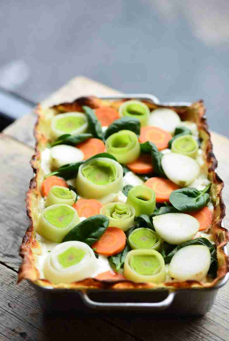 Vegetarische Groentelasagne met Prei Wortel Ui en Spinazie