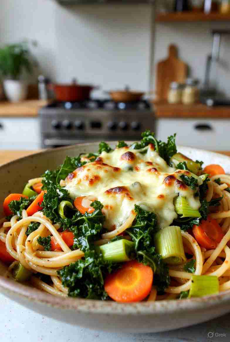 Vegetarische Pasta met Boerenkool Wortel Prei en Kaas