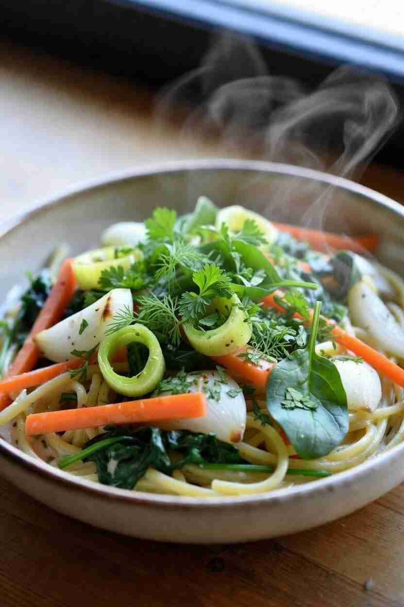 Vegetarische Pasta met Prei Wortel Ui en Spinazie