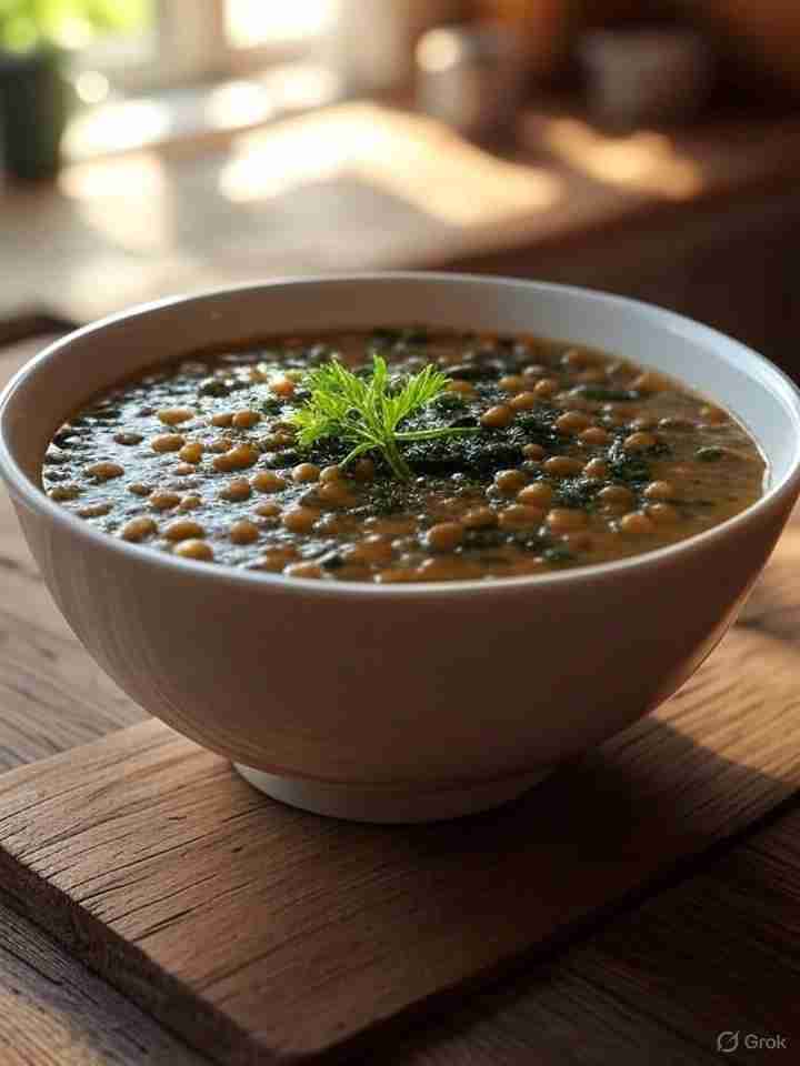 Vegetarische Peer Kaneelsoep met Linzen en Spinazie