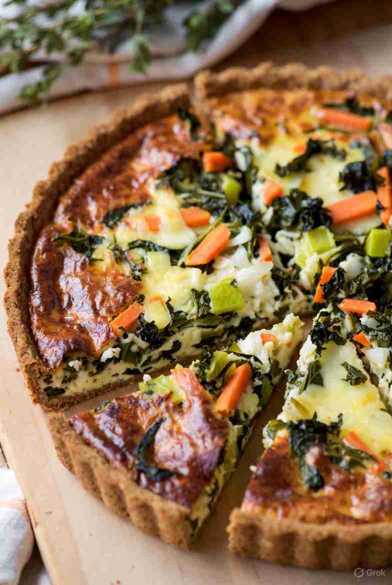 Vegetarische Volkorenquiche met Kaas Boerenkool Wortel Prei en Ui