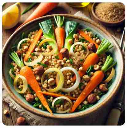 Volkoren bulgursalade met geroosterde wortel en prei