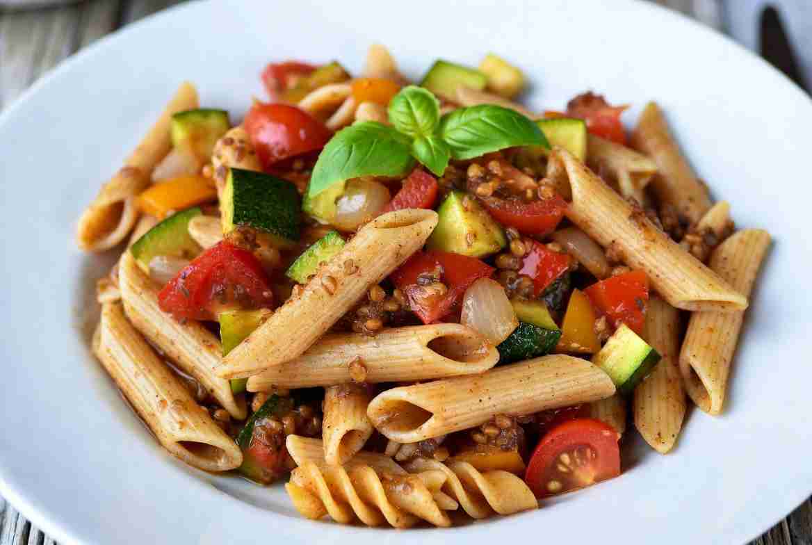 Volkoren pasta met seizoensgroenten zomerse ratatouille stijl
