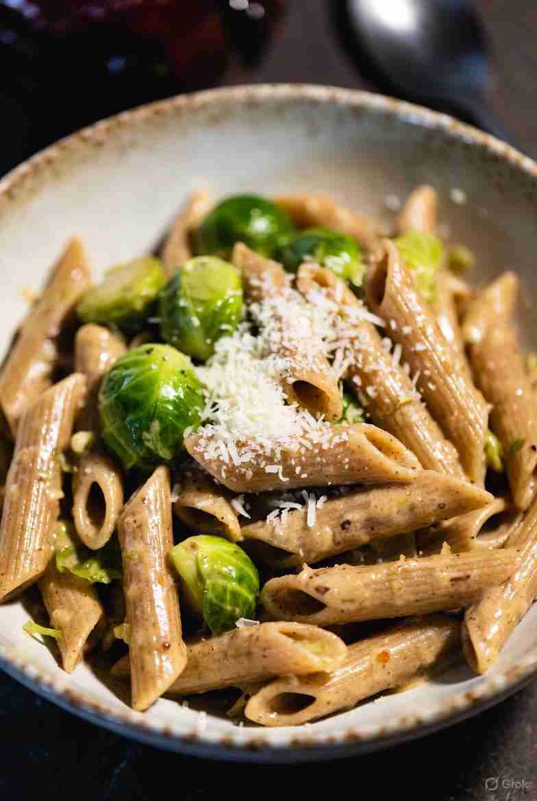 Volkoren penne met winterse spruitjes roomsaus en oude kaas