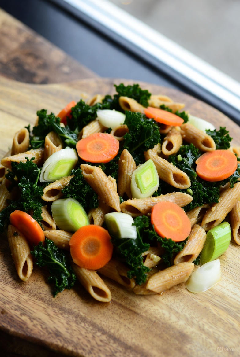 Volkorenpasta met Boerenkool Prei en Wortels