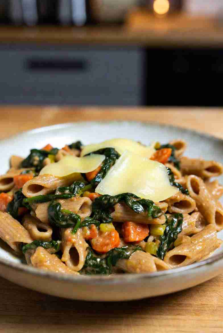 Volkorenpasta met Prei Spinazie Wortel en Kaas