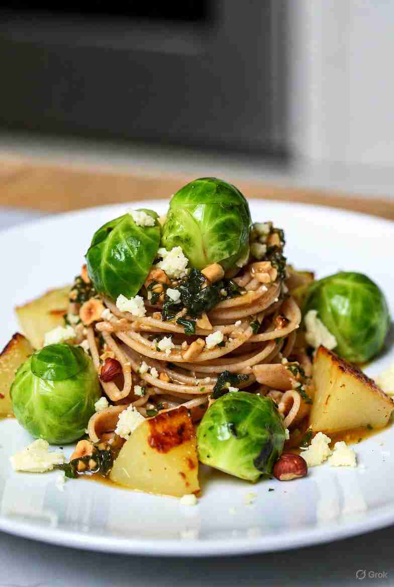 Volkorenpasta met geroosterde knolselderij spruitjes oude kaas en salie hazelnootboter