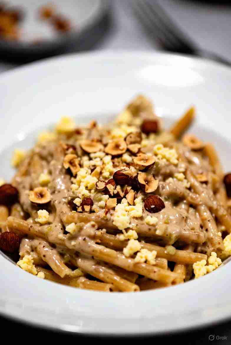 Volkorenpasta met romige bloemkool preisaus oude kaas en knapperige hazelnootkruim