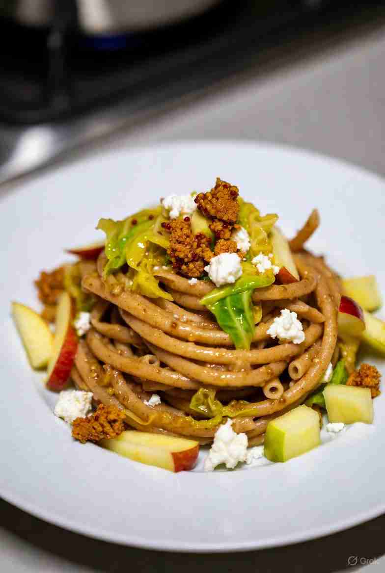 Volkorenpasta met savooiekool appel oude kaas en mosterd tijm kruim