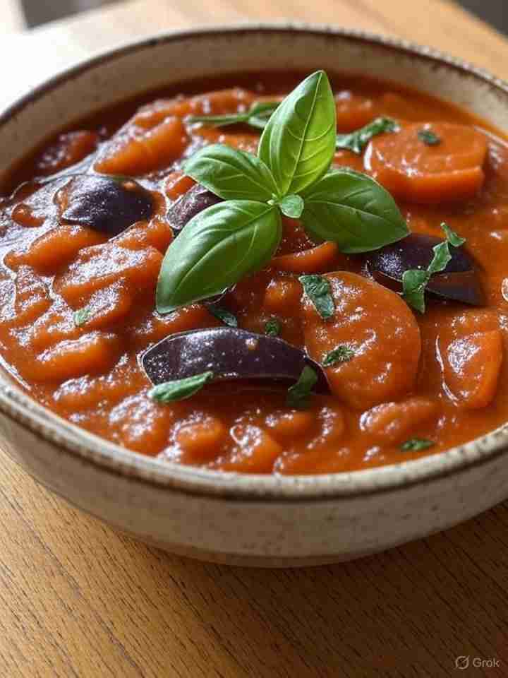 Warme Aubergine-Tomatenstoof met Pruimen en Basilicum