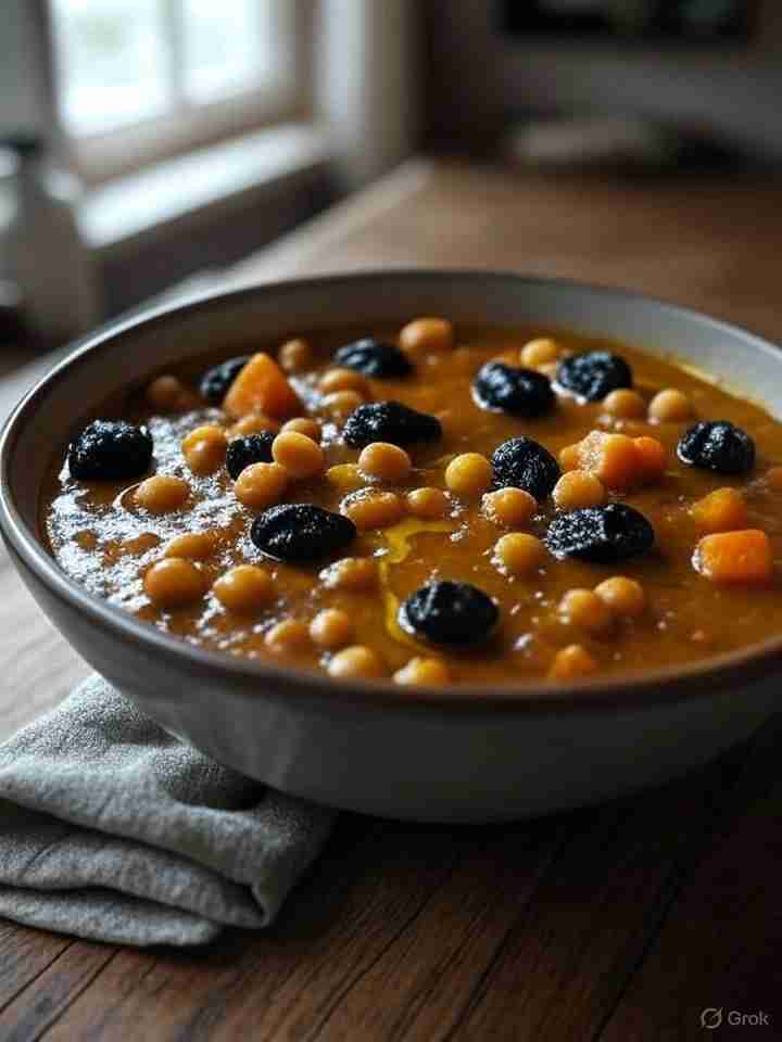 Warme Pruimenstoof met Zoete Aardappel en Kikkererwten