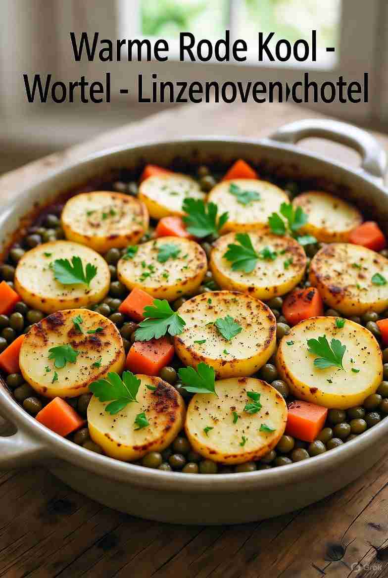 Warme Rodekool Wortel Linzenovenschotel met Kruidige Aardappelkorst