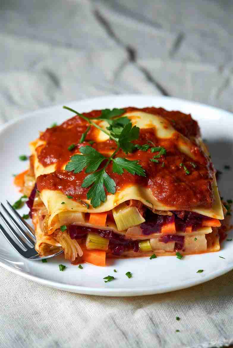 Winterse lasagne met veel groente witte kool prei wortel knolselderij rode biet