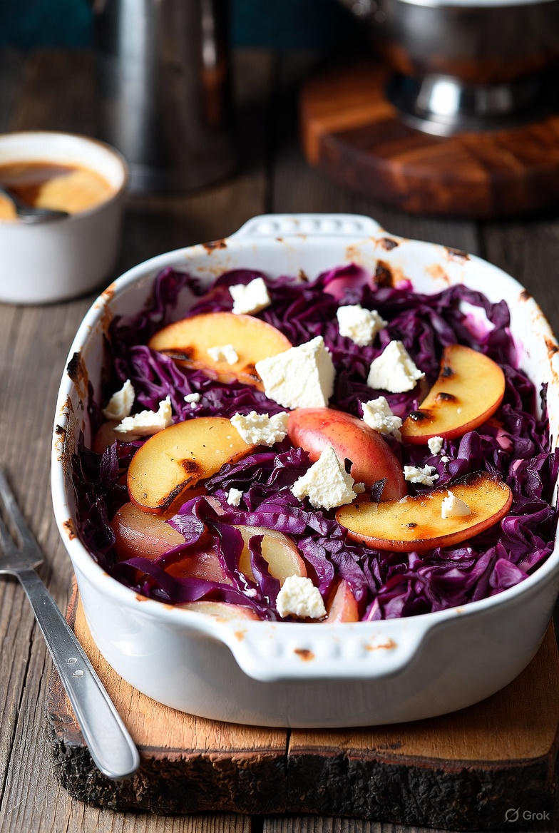 Winterse ovenschotel met rode kool aardappel appel en geitenkaas