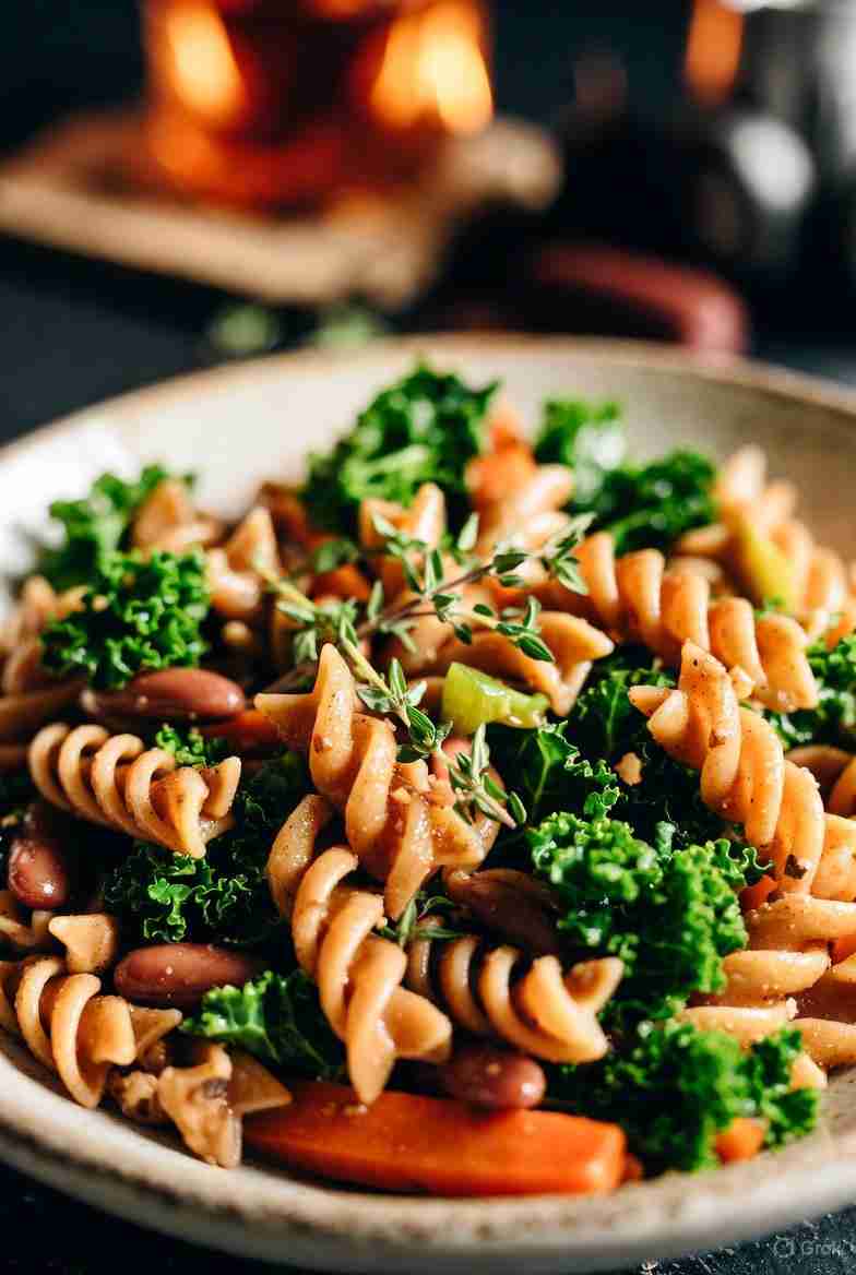 Winterse pasta met verse bruine bonen boerenkool wortel en knoflook tijm