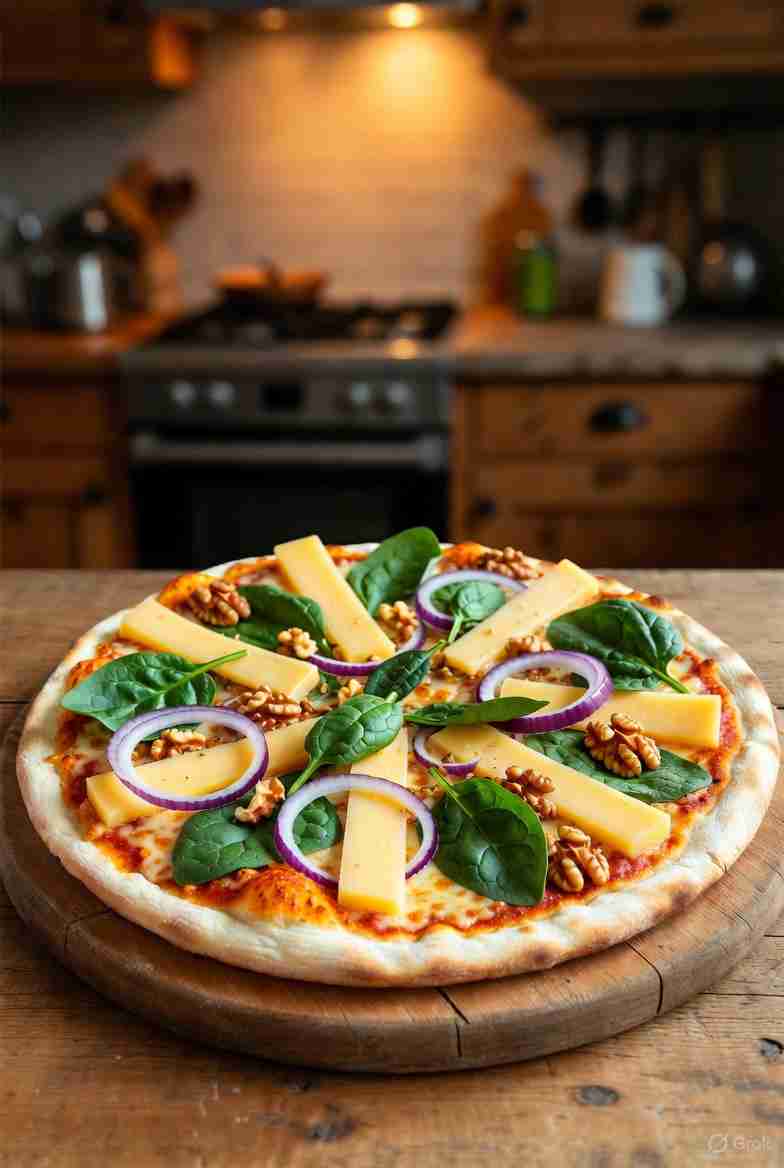 Winterse pompoen spinazie pizza met walnoot