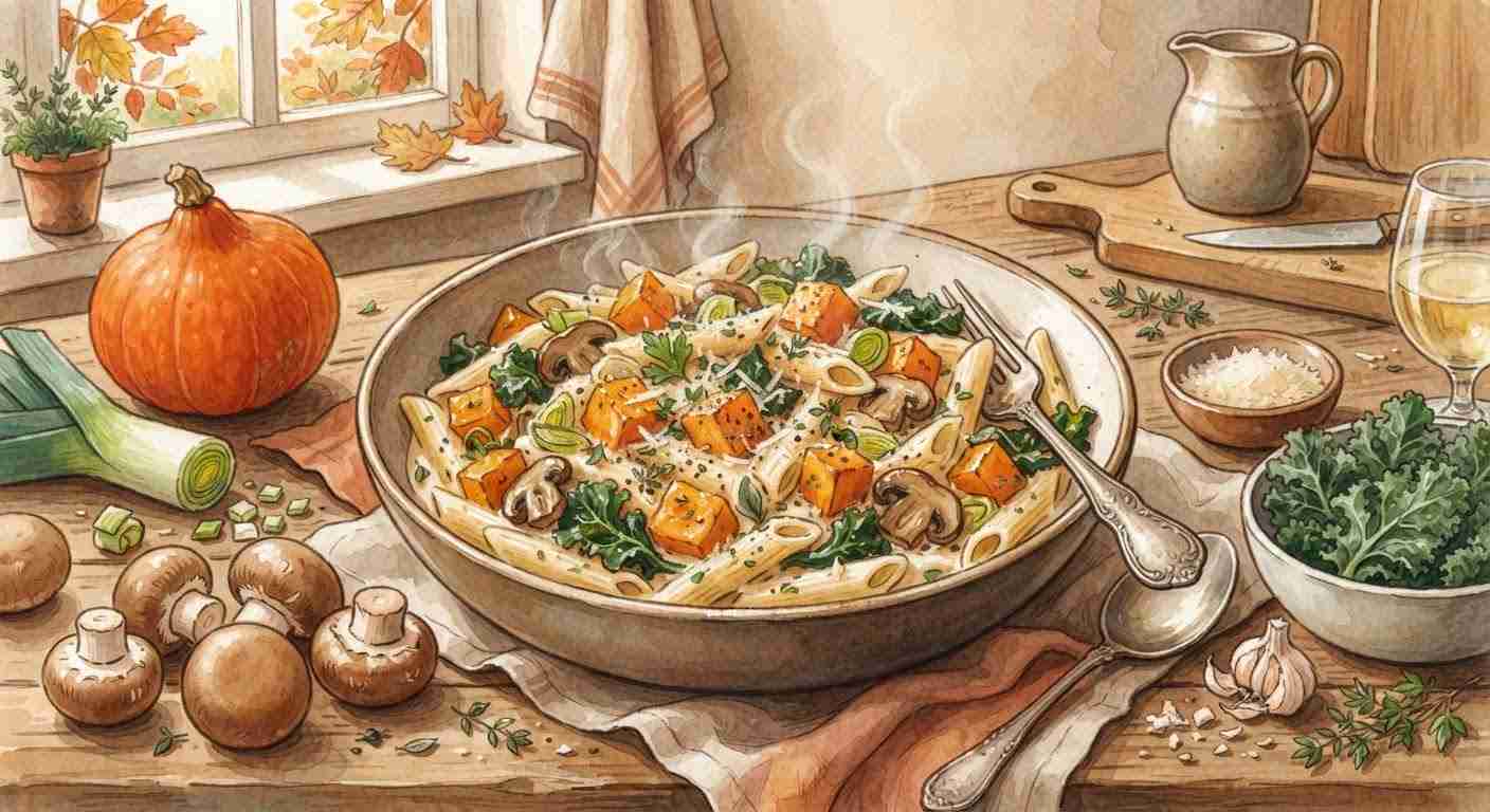 Romige herfstpasta met pompoen prei champignons en boerenkool